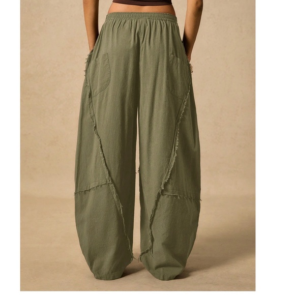 Boho Rust Brown Solid Stretchy waist Pockets Frayed Detail Harem Pants - Picture 4 of 10